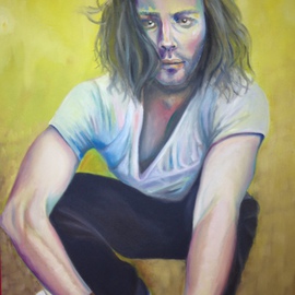 Natia Khmaladze: 'The Reader', 2015 Oil Painting, Portrait. Artist Description:   male portrait reader man with a book man with long hair guy boy oil on canvas yellow full body  ...