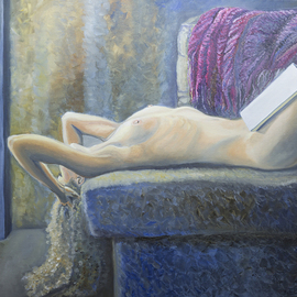 Natia Khmaladze: 'The Unbearable Lightness', 2013 Oil Painting, Portrait. Artist Description:  female woman on the couch body nude long hair curly living room book reading glamour intimate  ...