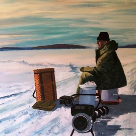 William Christopherson: '20th Century Ice fisherman', 2007 Oil Painting, Landscape. Artist Description: I completed this painting as a record of the days when the northern rivers were frozen solid in winter, and temperatures regularly fell 20 degrees below zero throughout winter in the Thousand Islands.  The experience of ice fishing, in the remote still solitude.  This is a large artwork, ...