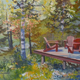 William Christopherson: 'Adirondack Mountains Camp Summer Chairs Christopherson', 2012 Oil Painting, Landscape. Artist Description:     Title: Casagrain Studio 16 x 20 x 3/ 4 stretched canvas. The ride to Lake Placid - a sign for Casagrain Studio. I had to paint his wonderful forest deck. Impressionism to reflect color and deepness of the mountain woodlands. Completed in Grumbacher oils - painting wraps around sides. Framed ...