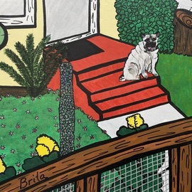 Brita Ferm: 'pug on the porch', 2015 Acrylic Painting, Beach. Artist Description: WWinston was my neighbor in IB.  I called him Sir Winston, and was tempted to paint him with a pipe in his mouth.  ...