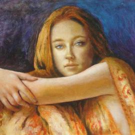 Ron Ogle: 'Kathe at 14', 1992 Oil Painting, Portrait. Artist Description:  Kathe is a trained dancer.  Perhaps that helps explain the wonderous grace of her hand, which we might compare toMONA LISAs hands, in that painting by Leonardo.  Give Kathe the credit.  Oil on panel.  ...