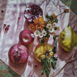 Oleg Khoroshilov: 'fruits illuminated by the sun', 2020 Acrylic Painting, Still Life. Artist Description: The morning ray of the sun, by chance illuminated the room inspired me to create this work. ...