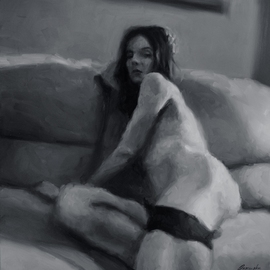 Kamila Ossowska: 'Echo oil painting', 2021 Oil Painting, Figurative. Artist Description: Female nude on canvas.  The painting was made in oil technique, size 100x100 on a cotton support.  The impressionistic treatment of light gives an extremely painterly effect.  Black and white gradation.The painting is protected with varnish, which gives a beautiful gloss and depth.  The sides are painted, ...