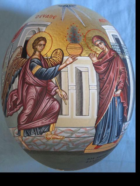 Adamantia Karatza  'Icon Of Annunciation On Ostrich Egg', created in 2012, Original Painting Tempera.