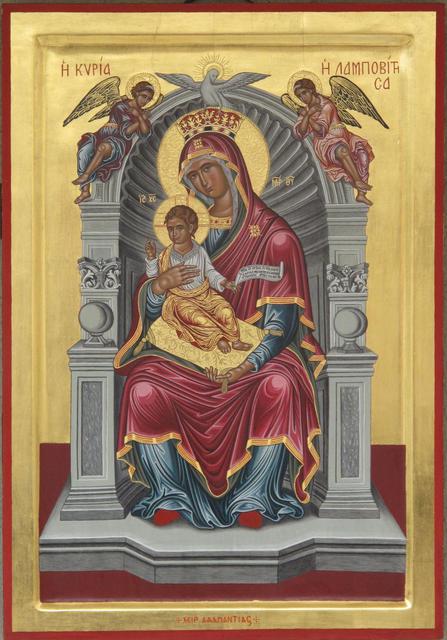 Adamantia Karatza  'Religious  Icon Of Virgin Enthroned Lambovitissa With Child', created in 2012, Original Painting Tempera.