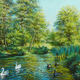 Petr Parkhimovitch: 'Emerald shadow', 2015 Oil Painting, Landscape. Artist Description: river, coast, water, ducks, geese, shadowThe artwork on the stretcher, without a frame, signed on the front and back side.A hot summer day.  The emerald shade of the trees and bubbling water give a pleasant coolness. ...