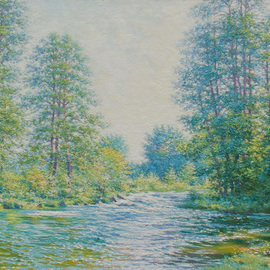 Petr Parkhimovitch: 'Playful water', 2018 Oil Painting, Landscape. Artist Description: river, sun, waves, shine, morning...