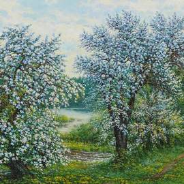 Petr Parkhimovitch: 'belakvet', 2016 Oil Painting, Landscape. Artist Description: May.  Blooming gardens.  Apple and pear are covered with floral white.Oil on canvasThe artwork on the stretcher, without a frame, signed on the front and back side, has a Certificate of Authenticity, certified by expertise.Offer your price. ...
