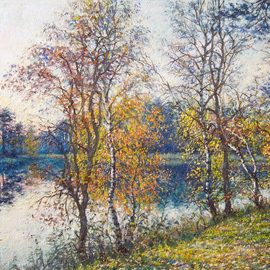 Petr Parkhimovitch: 'colored white', 2017 Oil Painting, Landscape. Artist Description: autumn, lake, sunset, shore, leaves...