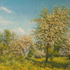 Petr Parkhimovitch: 'golden flower', 2017 Oil Painting, Landscape. Artist Description: Sunny May Day is filled with a golden fragrance of apple blossom.  Oil on canvasThe artwork on the stretcher, without a frame, signed on the front and back side, has a Certificate of Authenticity, certified by expertise.Offer your price. ...