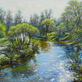 Petr Parkhimovitch: 'living water', 2015 Oil Painting, Landscape. Artist Description: river, water, wave, shine, springThe artwork on the stretcher, without a frame, signed on the front and back side.The April sun shines and sparkles in the light waves of the spring water.  Nature comes to life. ...