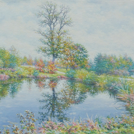 Petr Parkhimovitch: 'ponds at svyatsk', 2018 Oil Painting, Landscape. Artist Description: autumn, pond, road, trees, grass...