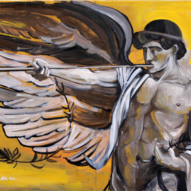 Paula Craioveanu: 'winged genius', 2013 Oil Painting, Figurative. Artist Description: Winged Genius is a fantastic character, a mythological creature, a male figure with birds  wings, a guardian spirit, a demigod.A daemon or daimon - as Plato names him - is a spiritual being who watches over each individual, equivalent to a higher self, or an angel. For other philosophers, ...