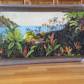 Paul Dudas: 'tropical garden', 2020 Acrylic Painting, Landscape. Artist Description: A beautiful, lush, paradise garden full of flowers, palms, trees and vines, overlooking the ocean. . . ...