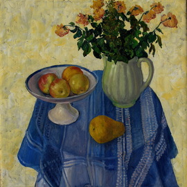 Pavel Tyryshkin: 'blue tablecloth', 2006 Oil Painting, Still Life. Artist Description: still life on a table covered with a blue tablecloth...