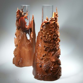 Pavel Sorokin: 'Pair of decorative interior vases carved of wood', 2011 Wood Sculpture, Floral. Artist Description: This small decorative vase is from my WOODIUS collection called BirdsFlowers. The carving is extremely delicate, made by famous wood- carver of Vietnam from my sketches and models. The quality is unique and rarely exists in the World, as a rose- wood used for this lamp. There are ...