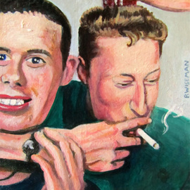 Pete Wiseman: 'With Snakebite', 2012 Acrylic Painting, Portrait. Artist Description:   Portrait young men drunk smoking having fun ...