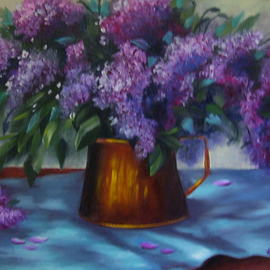 copper pot with lilacs By Pat Heydlauff