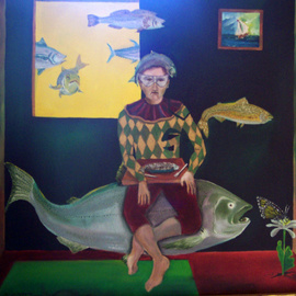 Jorge De La Fuente: 'FANTASY', 1994 Oil Painting, Surrealism. Artist Description:  A Circle: Fish ready to eat butterfly. She is eating from a flower and the arlequin eats the fish. And the only water is on a little painting. Fishes swiming in the air. ...