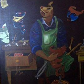 Jorge De La Fuente: 'The Mask Maker', 1990 Acrylic Painting, Surrealism. Artist Description:  A mask man, making masks. All suspended in the air. The Critic, observing from inside a cabinet.  December 28, the day of the inocents in Mexico.     ...
