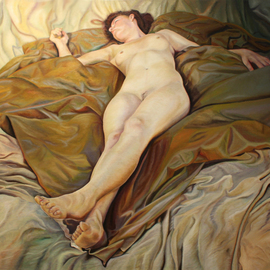 Paul Kenens: '72 The Origin of the World', 2020 Oil Painting, Nudes. Artist Description: Model lying in perspective on dark fabric, on top af a lighter fabric, trown dawn casualy...