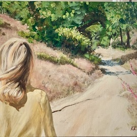 Kellie Bieber: 'trail ways', 2021 Acrylic Painting, Landscape. Artist Description: California live oaks and spring flowers line this trail filled with expectations for a young girl. ...