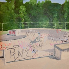 Rachel Stearns: 'north hampton skate park 2018', 2019 Oil Painting, Figurative. Artist Description: Guy skating in a bowl...
