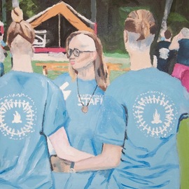 Rachel Stearns: 'shaved heads at camp 2016', 2019 Oil Painting, Figurative. Artist Description: 3 girls facing backwards in blue with their heads shaved...