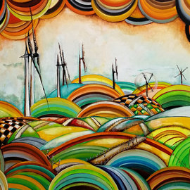Radosveta Zhelyazkova: 'il camino de santiago', 2019 Oil Painting, Surrealism. Artist Description: READY TO HANGONE- OF- A- KIND Details:Name:  Il Camino de Santiago - Windmills   Artist: Radosveta Zhelyazkova  Medium: Professional oil paint, UV protected varnish on canvas  Size: 54 x 65 x 2 cm  Style: Naive Art, Radism  100   handmade artwork  Date of creation: December 2018  Comes with a ...