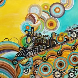 Radosveta Zhelyazkova: 'time train', 2019 Oil Painting, Surrealism. Artist Description: FREE SHIPPING WORLDWIDEREADY TO HANGONE- OF- A- KIND Details:Name:  Time Train   Artist: Radosveta Zhelyazkova  Medium: Professional oil paint, UV protected varnish on canvas  Size: 70 x 90 x 2 cm  Style: Naive Art, Radism, Futurism  100   handmade artwork  Date of creation: November 2018  Comes with ...