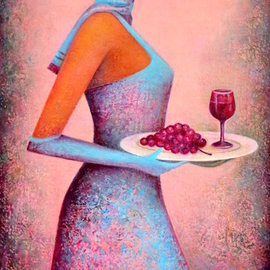 Rafail Aliyev: 'grape and wine', 2019 Oil Painting, Portrait. Artist Description: Girl carrying grapes and wine on a tray...
