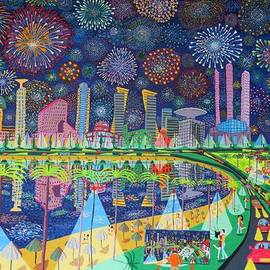 Raphael Perez: 'tel aviv fireworks israeli painter artist raphael ', 2017 Acrylic Painting, Landscape. Artist Description: tel aviv fireworks paintings naive art raphael perezRaphael Perez is an Israeli artist known for his naive style paintings of Tel Aviv city.  His work captures the essence of the city and its urban landscape, highlighting its iconic buildings and sites.  PerezaEURtms paintings create an idealized ...