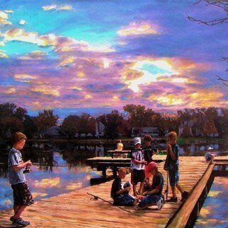 Randy Sprout: 'boys on the dock', 2018 Oil Painting, Children. 30X30 Acrylic on canvas: This is the city dock in Emmetsburg Iowa where an entire community learned to swim, fish, and play ice hockey in the winter. Late afternoon of an Indian summer these boys were deep into technical discussion of what would work to catch the big one. As ...
