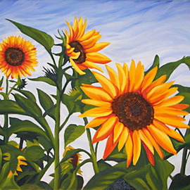Renee Rutana: 'Natures Gold', 2008 Oil Painting, Floral. Artist Description:  Medium: Grumbacher Oil PaintsI came across these glorious Sunflowers while visiting Rockport, Massachusetts. The main colors are tones of Light Ultramarine Blue, Golden Yellows, Greens and Browns. It has been painted in an Realistic style with bright colors and will bring life to any room. Shown are ...