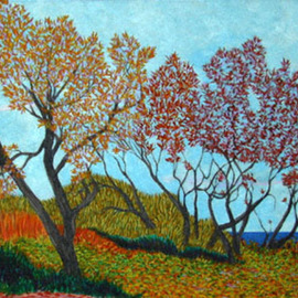 Renee Rutana: 'Overlook', 2001 Acrylic Painting, Landscape. Artist Description: While driving along the coast of Rockport, I almost drove past this cliff over the ocean. It reminded me of something van Gogh would paint, so I was inspired to paint it as he would have. Canvas has stapled sides....