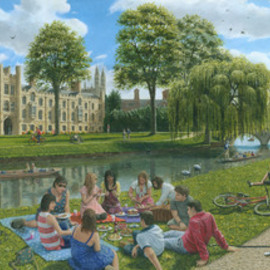 Richard Harpum: 'Fun on the River Cam, Cambridge', 2014 Acrylic Painting, Landscape. Artist Description:  This painting of Trinity College, Cambridge, England, was commissioned by Gibsons Games for a large 1000- piece jigsaw, which they will be publishing in 2014. It shows the River Cam running behind Trinity College, with a variety of people enjoying the nice weather. My favourite dog, Oscar, also ...