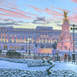 Richard Harpum: 'Winter Lights, Buckingham Palace', 2013 Acrylic Painting, Landscape. Artist Description:  Buckingham Palace has served as the official London residence of Britain's sovereigns since 1837 and today is very much a working building, being the centrepiece and administrative headquarters of Her Majesty, Queen Elizabeth. Located in the City of Westminster, the Palace is huge with 775 rooms, many ...