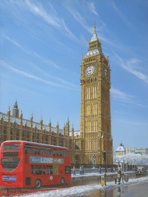 Richard Harpum: 'Winter Morning, Big Ben, Elizabeth Tower, London', 2014 Acrylic Painting, Landscape.  This painting shows the iconic Elizabeth Tower which houses the famous Big Ben - the name of the giant bell at the top of the tower, which is 96 metres ( 315 feet) high. It stands at the north end of the Houses of Parliament, also know as the Palace of Westminster...