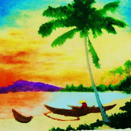 Roberto Prusso: 'Mindanao Sunset', 2010 Ink Painting, Landscape. Artist Description:  Original on 140 lb Strathmore paper: brush/ ink/ lacquer. Realistic view of Mindanao sunset with lone fisherman.   ...