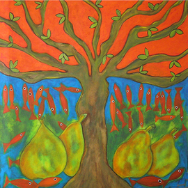 Roberto Rossi: 'fish and pears', 2000 Acrylic Painting, Figurative. Artist Description: The artist s vision determines his path . . . Fish and pears live with the tree and its connections with the universe . . . . in their tireless strong colors that harmonize perfectly, fish fly as fruits make up on the ground. Blue keeps the secret where it carries the fish . . . ...