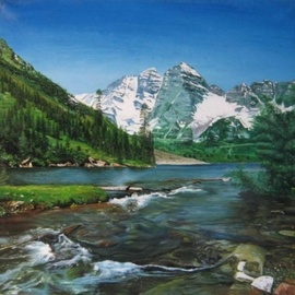 Vera Volkova: 'Mountain river', 2008 Oil Painting, Landscape. Artist Description: Canvas, oil. 30 N 30 cm. 2008. ...
