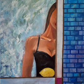 Romaya Puchman: 'blue wall', 2021 Oil Painting, Figurative. Artist Description: I use symbols that express reality and fantasy which come together to tell a story of human nature, of our perfection and imperfections. Imagine this picture hanging in your apartment. You look at the details, see the play of light at different times of the day, and your ...