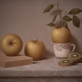 Ronald Weisberg: 'golden apples', 2012 Oil Painting, Still Life. Artist Description: Dutch inspired, golden apples, green leaves, kiwifruit, marble, table, decorative cup, ...