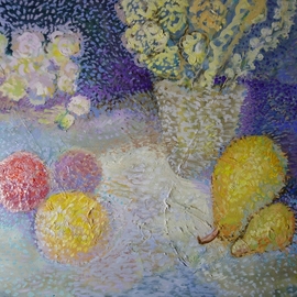 Reiner Poser: 'pomegranats and pears', 2020 Oil Painting, Still Life. Artist Description: Fruits and flowers in oil painting,Pointillism- painting...