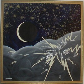 Cathy Dobson: 'Almost New', 1994 Oil Painting, Astronomy. Artist Description: Original Illuminated oil painting from the Cosmic Collection. Partly primed and unprimed linen canvas has phosphorescent highlights that glow in the dark or under black lights....