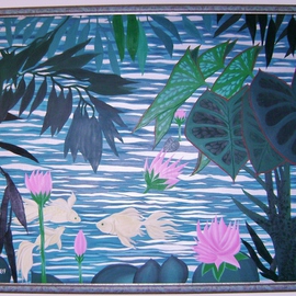 Cathy Dobson: 'Lily Pond', 1990 Oil Painting, Fish. Artist Description: Phosphorescent trio of fishes swimming in a pond- oil painting.  Fish glow in the dark.  Beautifully framed.In the Wild Collection. ...