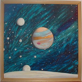 Cathy Dobson: 'The Moons Of Jupiter', 1994 Oil Painting, Astronomy. Artist Description: Cosmic Collection. Original Illuminated Oil Painting. Textured partly primed and unprimed linen canvas. Highlights glow in the dark or under black lights....