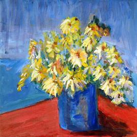 Roz Zinns: 'Yellow Daisies', 2005 Acrylic Painting, Floral. Artist Description: Bright yellow daisies in a blue vase on a red tablecloth.  Wonderful primary colors to brighten up your day....