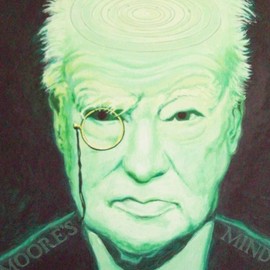 Robert Jessamine: 'moores mind', 2019 Oil Painting, Portrait. Artist Description: A portrait of Sir Patrick Moore the famous astronomer who presented The Sky at NightT.  V.  programme for many years.  Painted in alien greens with an image of the solar system embossed on his domed head. ...